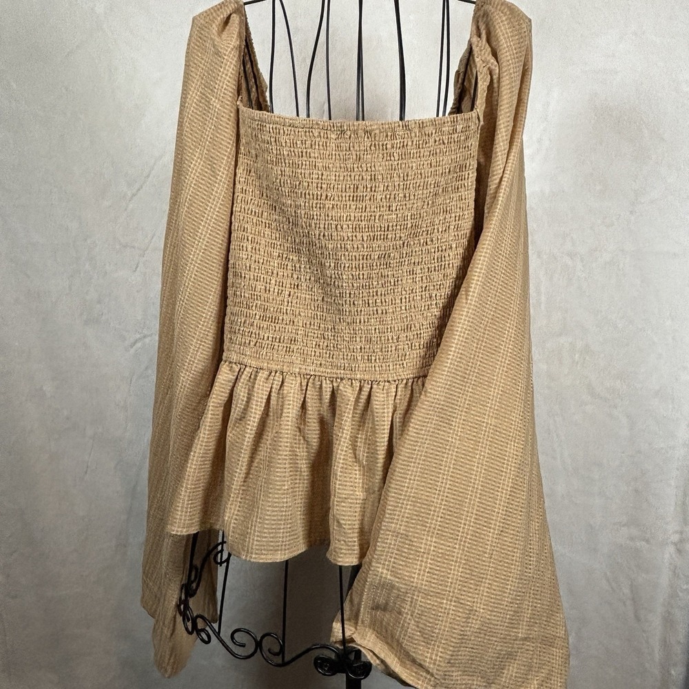 Peasant Smocked  blouse yellow crop top w/ Flared Hip Bell‎ Sleeves size XL boho